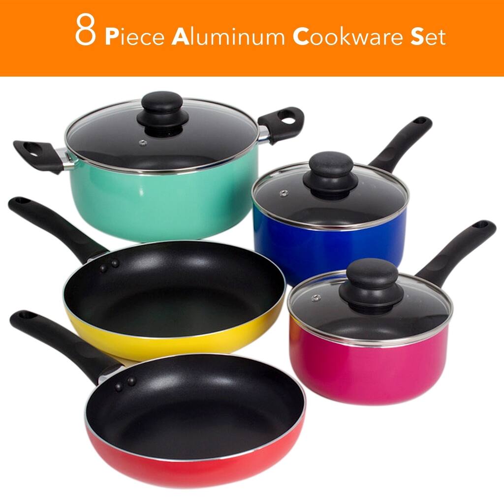 8 Piece Rainbow Nonstick Cookware Set Kitchen Pots Sauce Fry Pan With Glass Lid