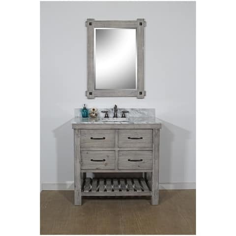 36"Rustic Solid Fir Single Sink Vanity in Grey-Driftwood Finish with Marble Top-No Faucet