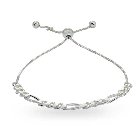 Mondevio Thin Figaro Link Chain Adjustable Sterling Silver Pull-String Bracelet