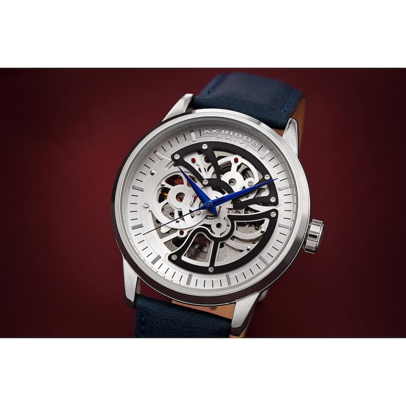 Akribos XXIV Men's Automatic Skeletal Blue Leather Strap Watch