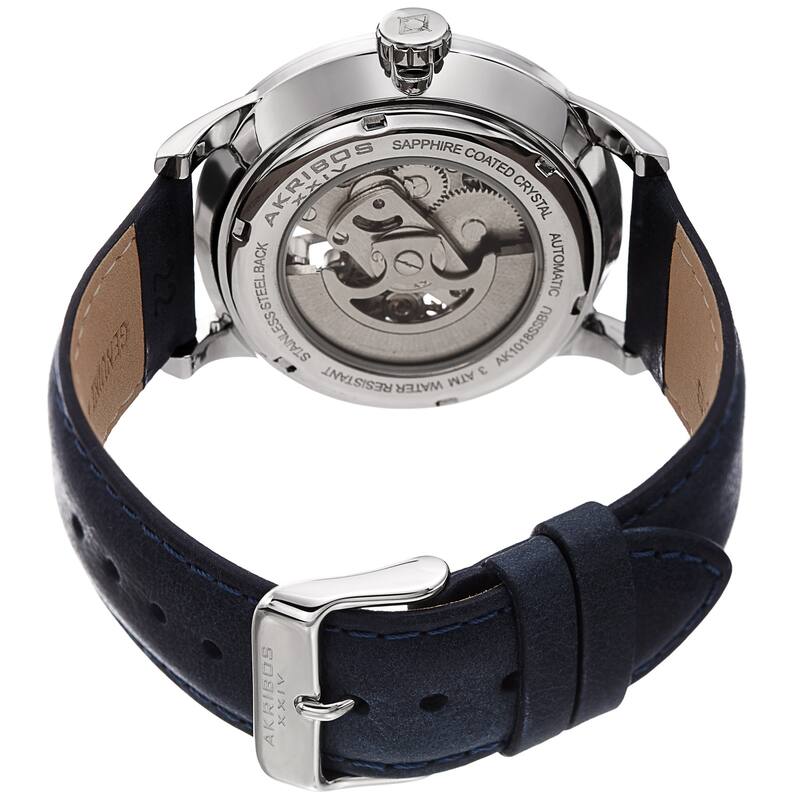 Akribos XXIV Men's Automatic Skeletal Blue Leather Strap Watch