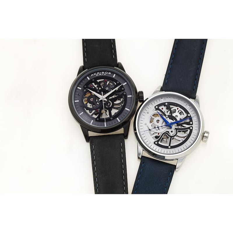 Akribos XXIV Men's Automatic Skeletal Blue Leather Strap Watch