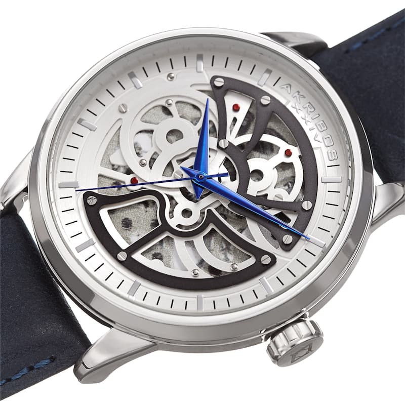 Akribos XXIV Men's Automatic Skeletal Blue Leather Strap Watch