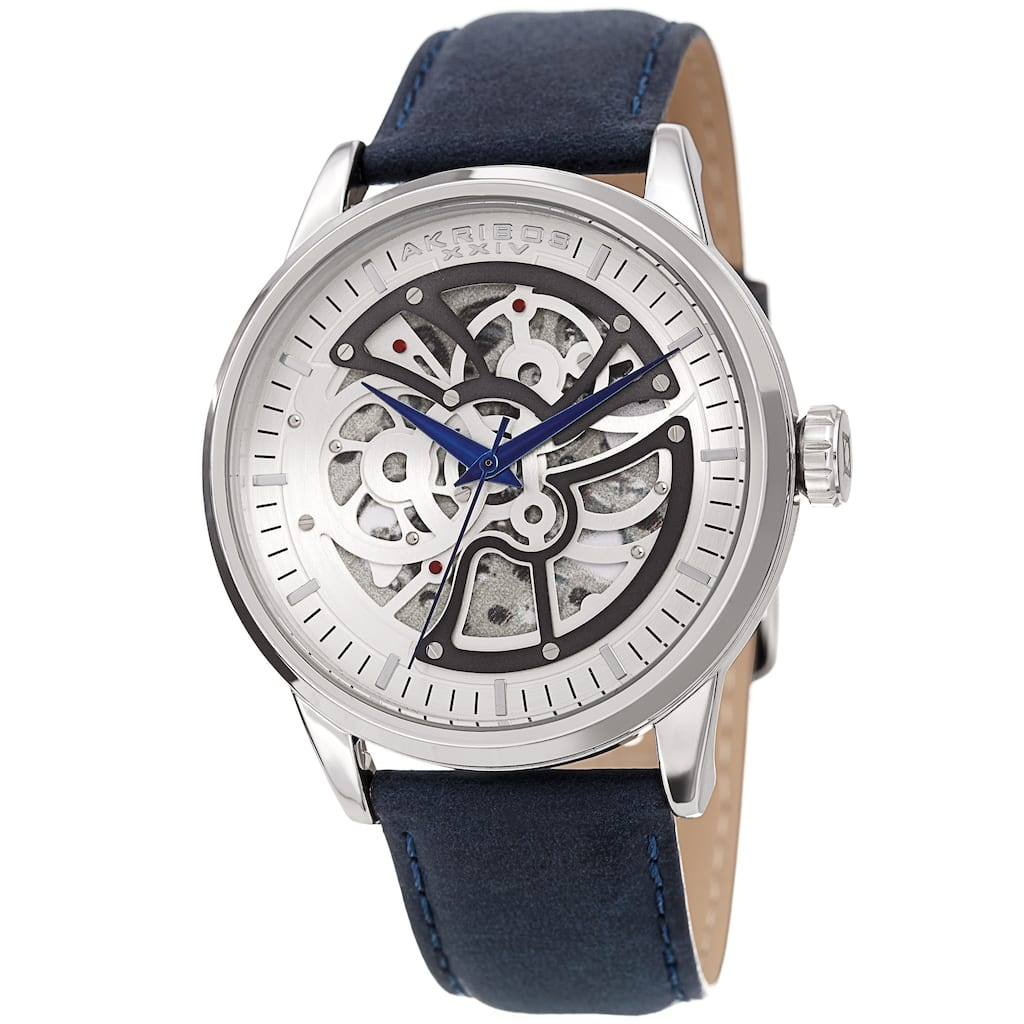 Akribos XXIV Men's Automatic Skeletal Blue Leather Strap Watch