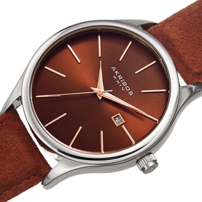 Akribos XXIV Men's Classic Date Brown Suede Leather Strap Watch