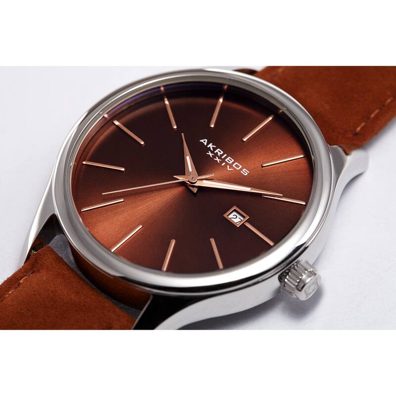 Akribos XXIV Men's Classic Date Brown Suede Leather Strap Watch