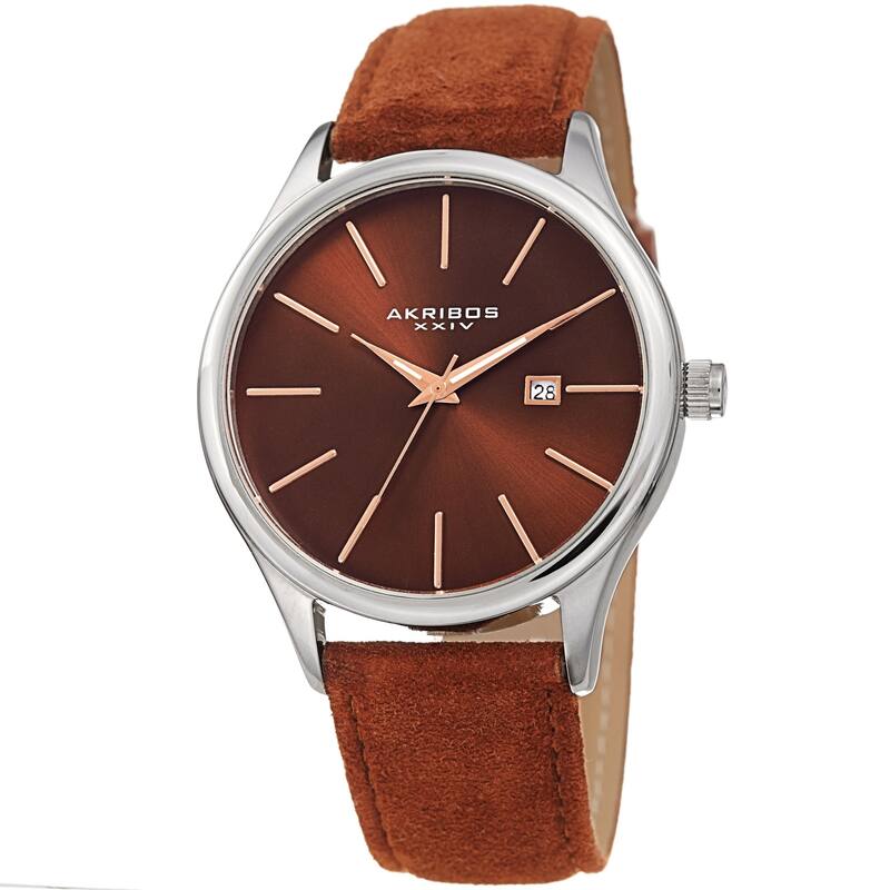 Akribos XXIV Men's Classic Date Brown Suede Leather Strap Watch