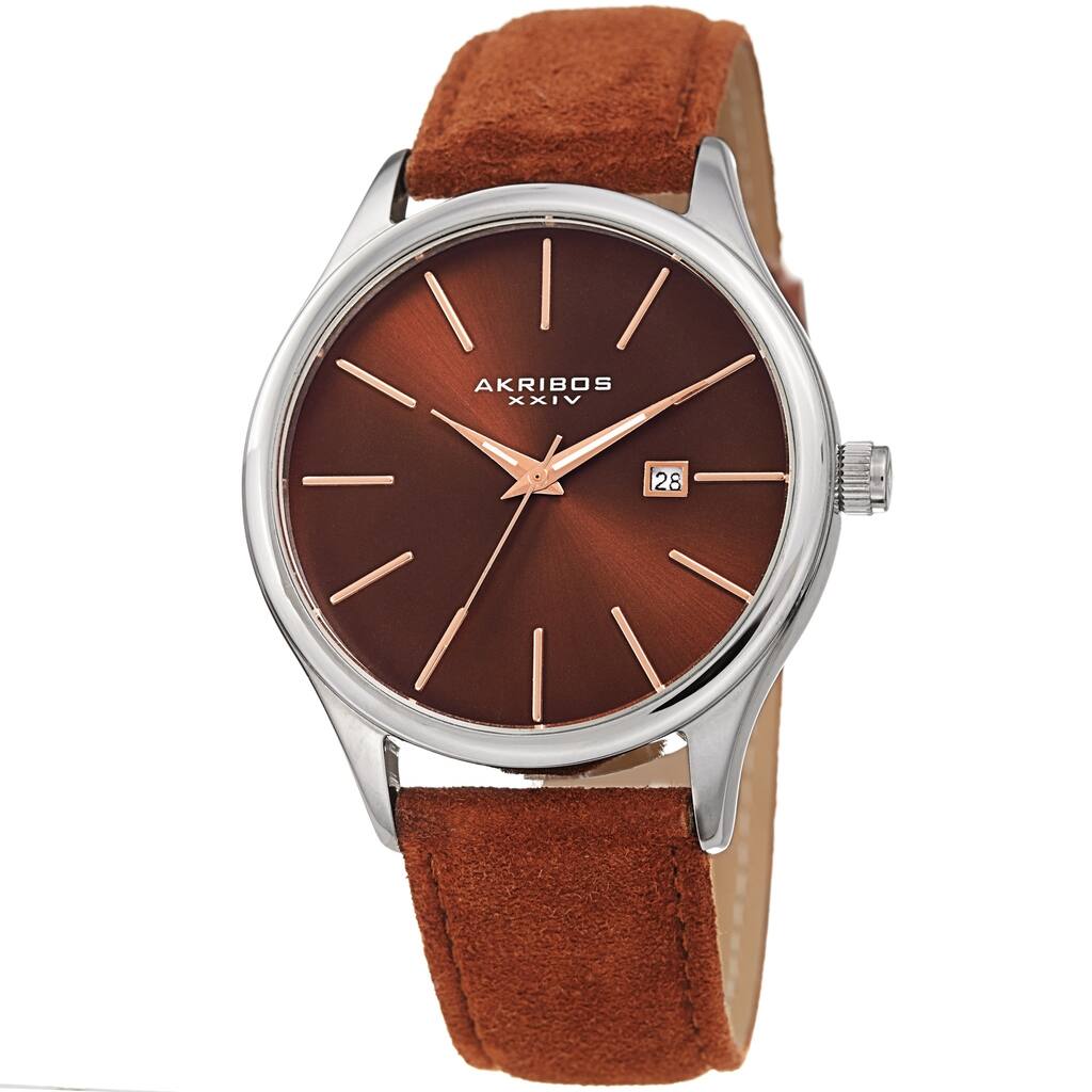 Akribos XXIV Men's Classic Date Brown Suede Leather Strap Watch