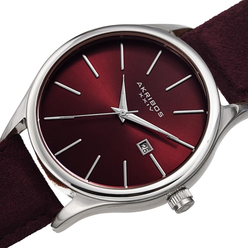 Akribos XXIV Men's Classic Date Red Suede Leather Strap Watch