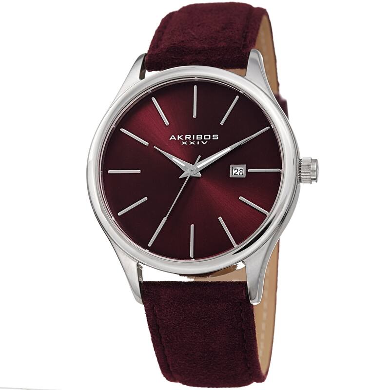 Akribos XXIV Men's Classic Date Red Suede Leather Strap Watch