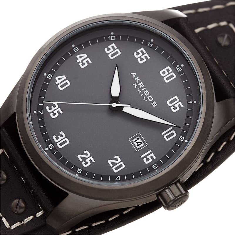 Akribos XXIV Men's Date Sport Style Husky Black Leather Strap Watch