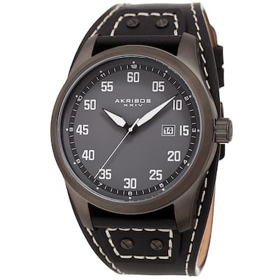 Akribos XXIV Men's Date Sport Style Husky Black Leather Strap Watch