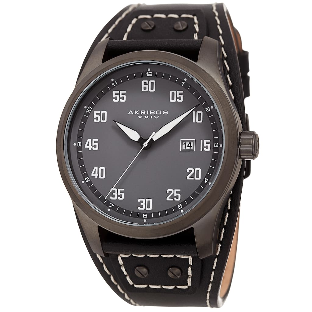 Akribos XXIV Men's Date Sport Style Husky Black Leather Strap Watch