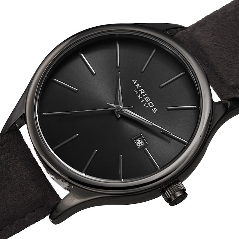 Akribos XXIV Men's Classic Date Black Suede Leather Strap Watch