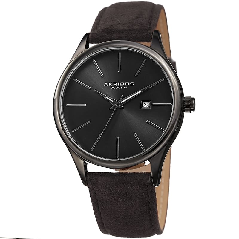Akribos XXIV Men's Classic Date Black Suede Leather Strap Watch