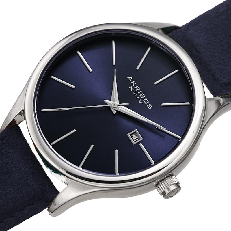 Akribos XXIV Men's Classic Date Blue Suede Leather Strap Watch