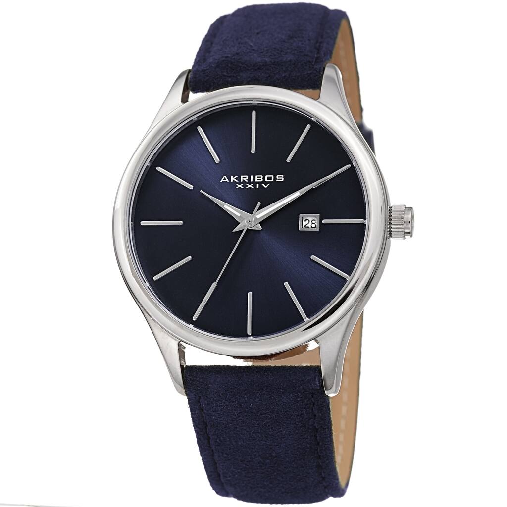 Akribos XXIV Men's Classic Date Blue Suede Leather Strap Watch