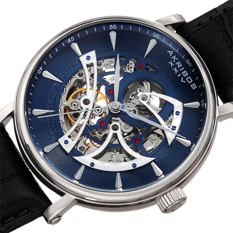 Akribos XXIV Men's Automatic Skeletal Black Leather Strap Watch