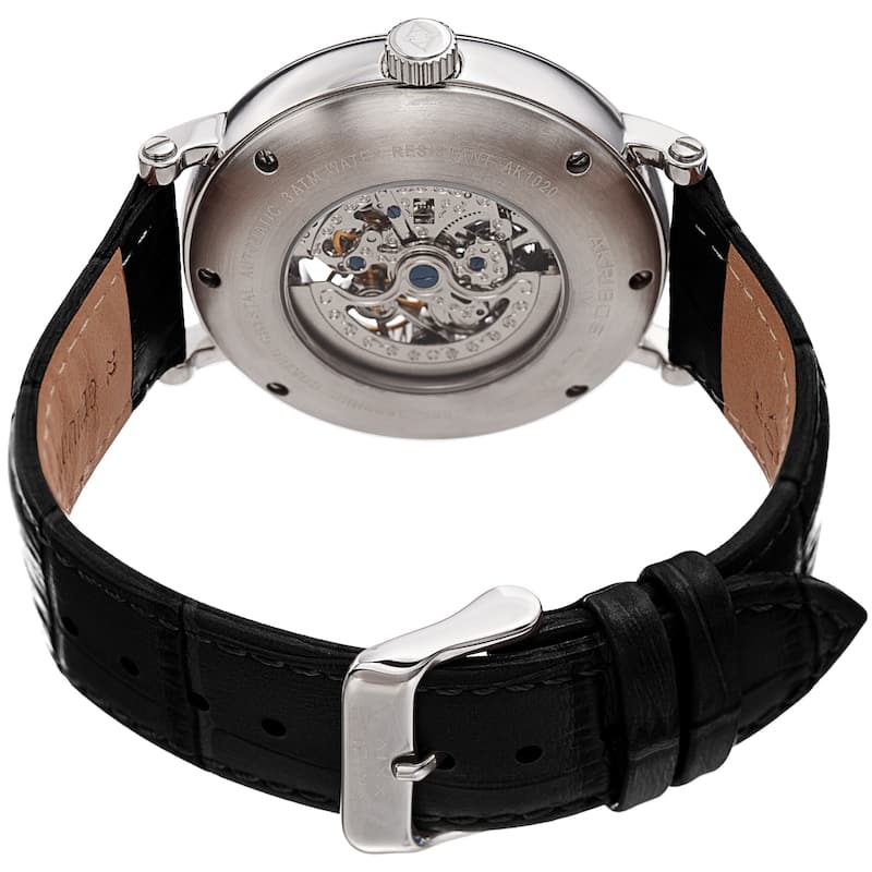 Akribos XXIV Men's Automatic Skeletal Black Leather Strap Watch