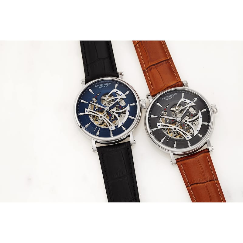 Akribos XXIV Men's Automatic Skeletal Black Leather Strap Watch