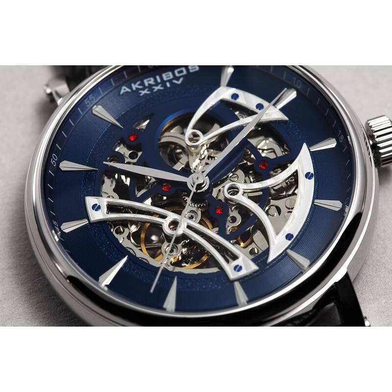 Akribos XXIV Men's Automatic Skeletal Black Leather Strap Watch
