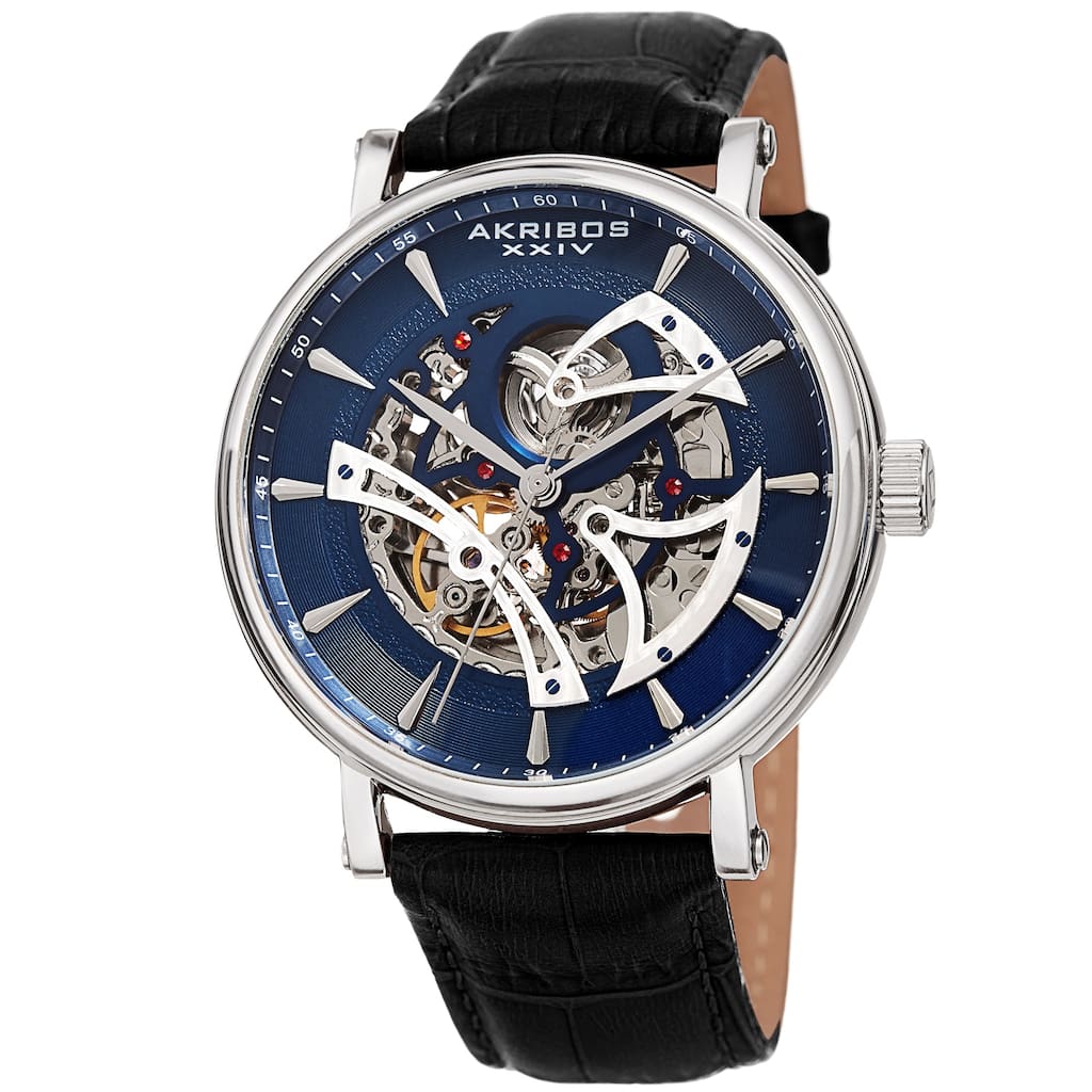 Akribos XXIV Men's Automatic Skeletal Black Leather Strap Watch