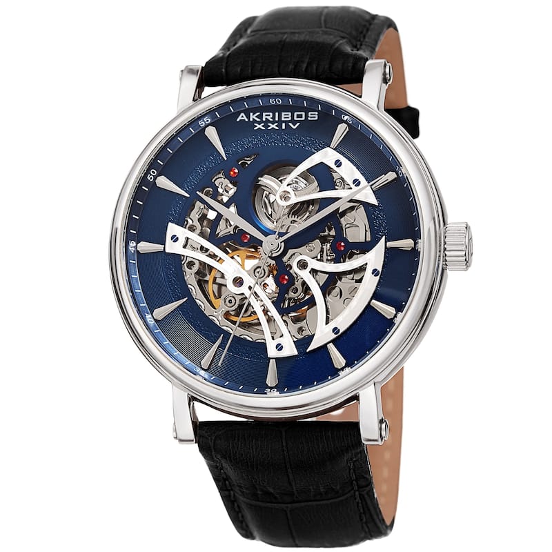 Akribos XXIV Men's Automatic Skeletal Black Leather Strap Watch
