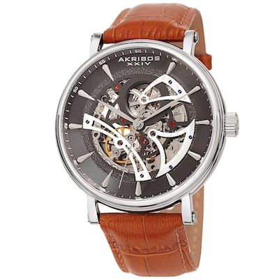 Akribos XXIV Men's Automatic Skeletal Brown Leather Strap Watch