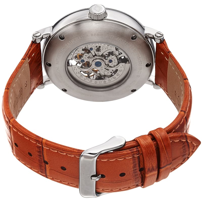 Akribos XXIV Men's Automatic Skeletal Brown Leather Strap Watch