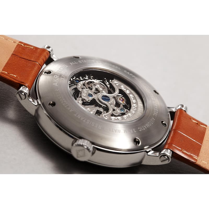 Akribos XXIV Men's Automatic Skeletal Brown Leather Strap Watch