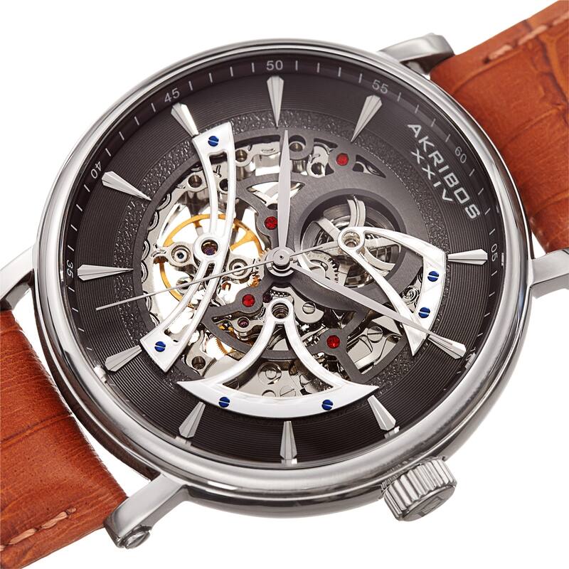 Akribos XXIV Men's Automatic Skeletal Brown Leather Strap Watch