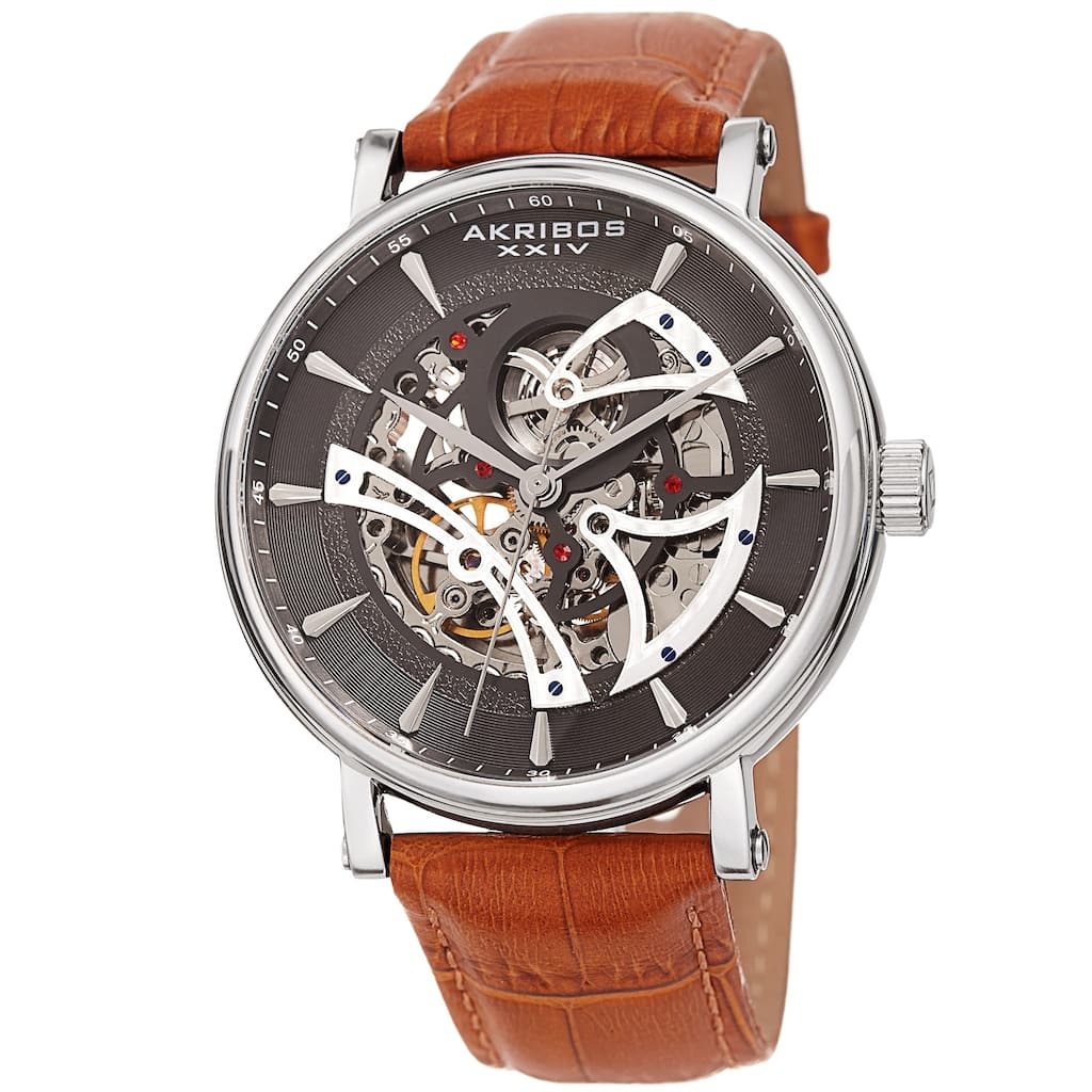 Akribos XXIV Men's Automatic Skeletal Brown Leather Strap Watch