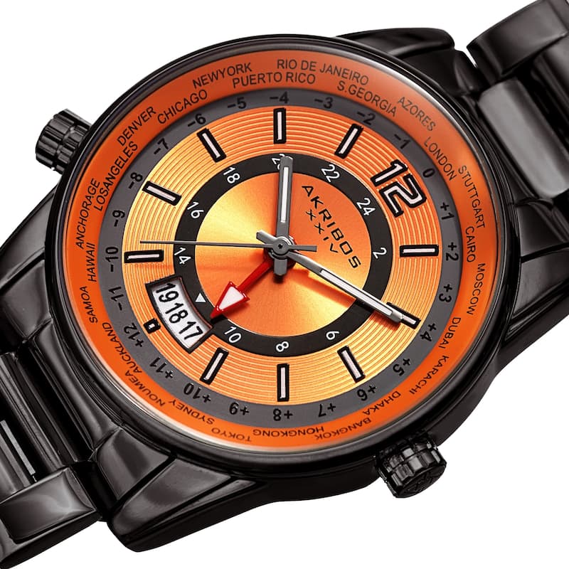 Akribos XXIV Men's GMT Date World Timer Grey Bracelet Watch