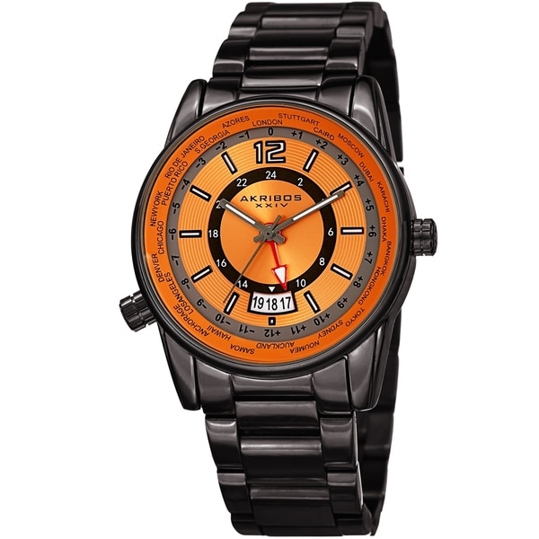 Akribos XXIV Men's GMT Date World Timer Grey Bracelet Watch. Opens flyout.