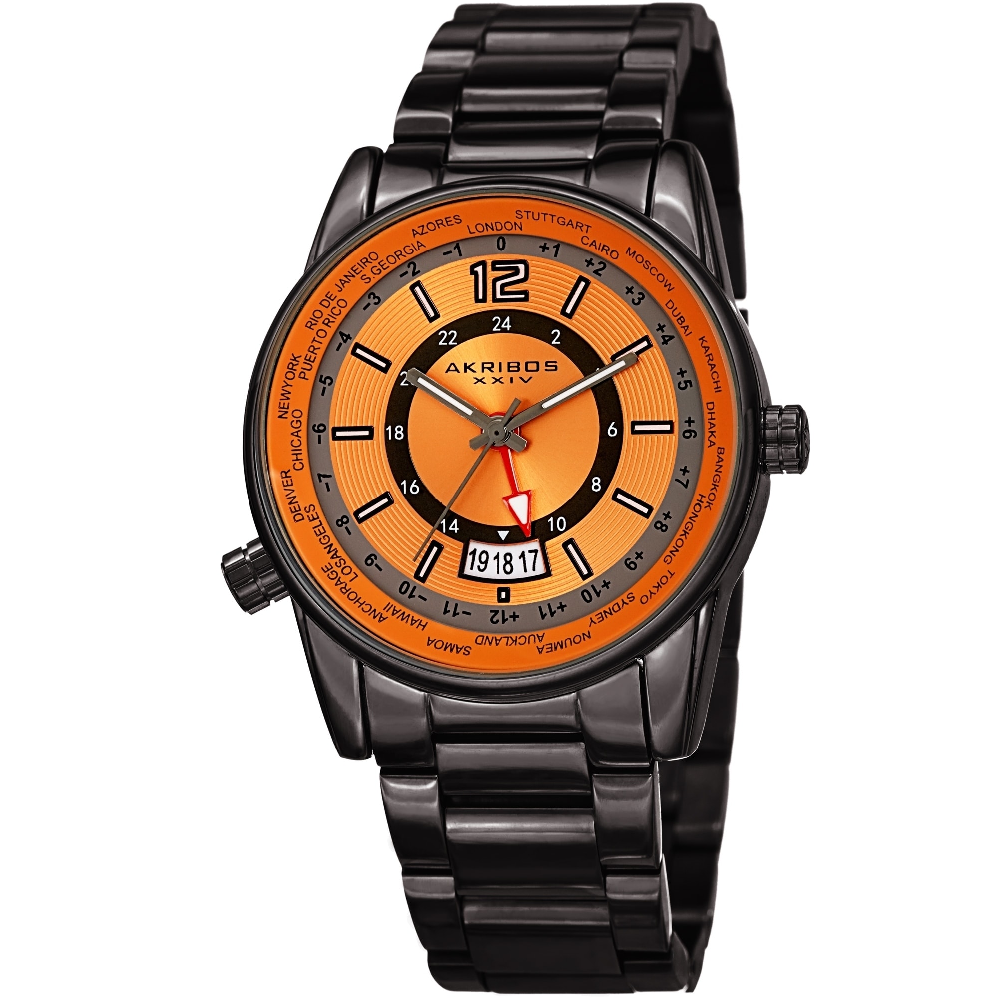 Akribos XXIV Men's GMT Date World Timer Grey Bracelet Watch