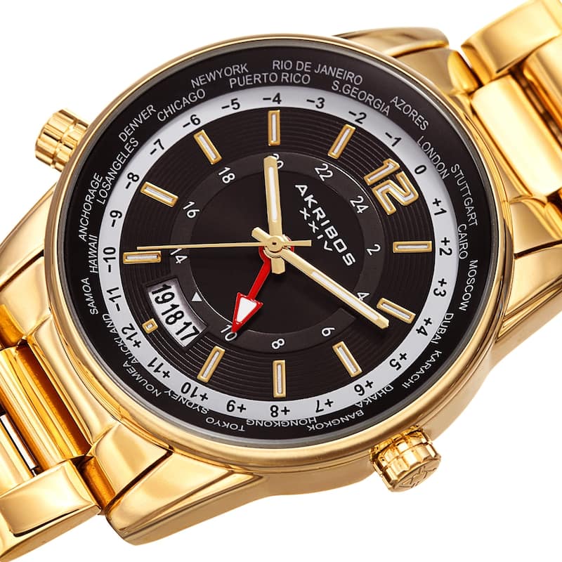 Akribos XXIV Men's GMT Date World Timer Gold-Tone Bracelet Watch