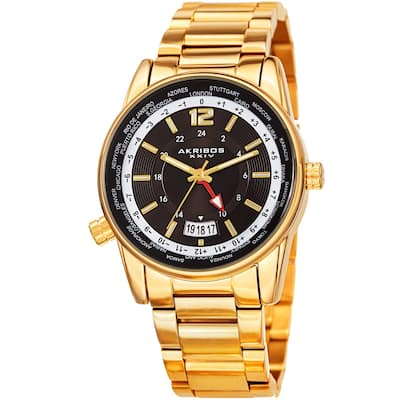 Akribos XXIV Men's GMT Date World Timer Gold-Tone Bracelet Watch