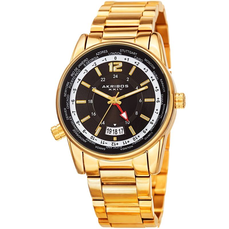 Akribos XXIV Men's GMT Date World Timer Gold-Tone Bracelet Watch