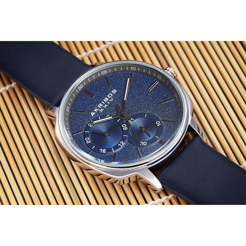 Akribos XXIV Men's Date Grained Dial Blue Leather Strap Watch