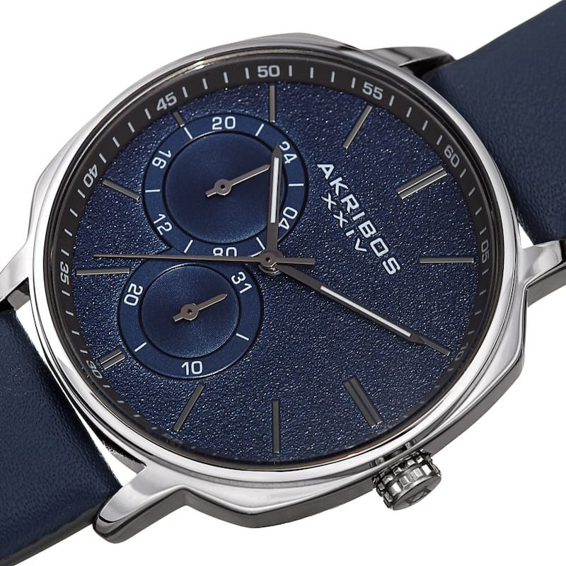 Akribos XXIV Men's Date Grained Dial Blue Leather Strap Watch