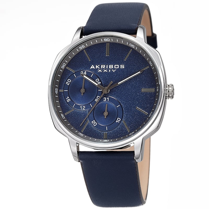 Akribos XXIV Men's Date Grained Dial Blue Leather Strap Watch