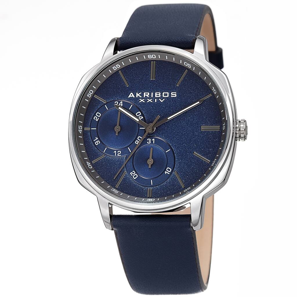 Akribos XXIV Men's Date Grained Dial Blue Leather Strap Watch