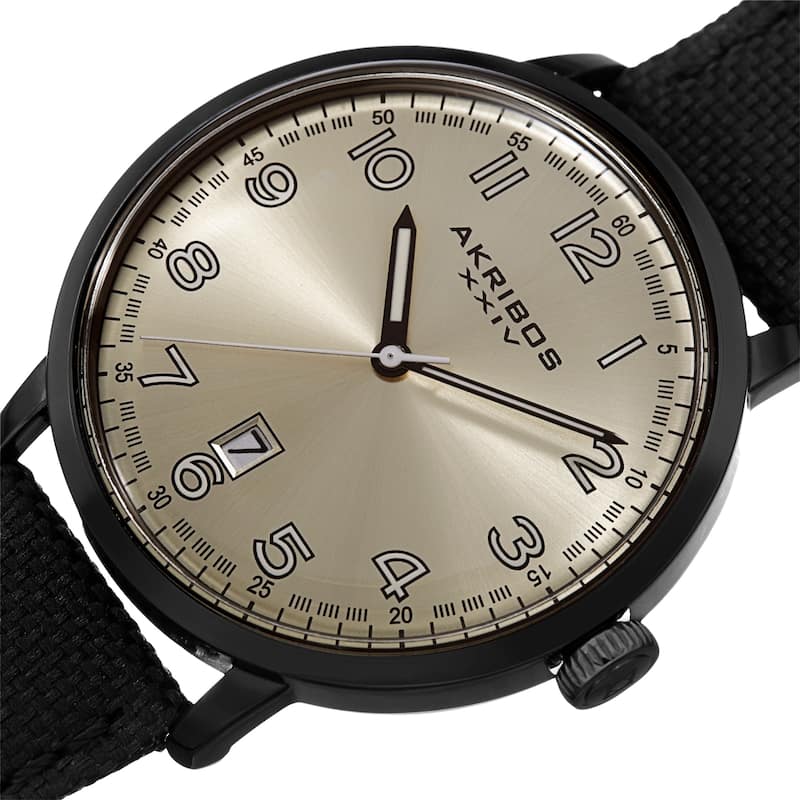 Akribos XXIV Men's Date Black Canvas Leather Strap Watch