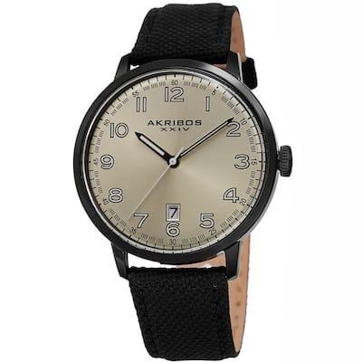 Akribos XXIV Men's Date Black Canvas Leather Strap Watch