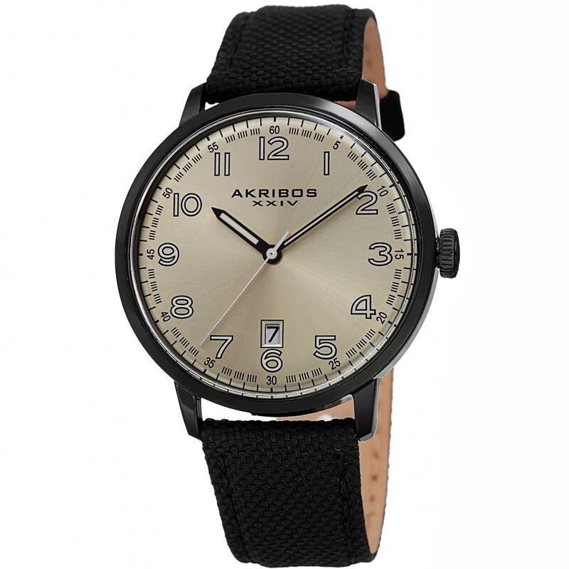 Akribos XXIV Men's Date Black Canvas Leather Strap Watch
