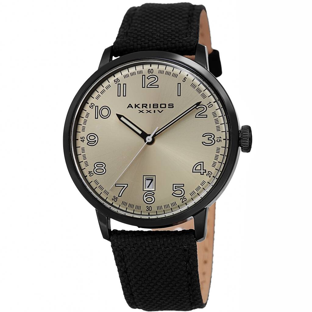 Akribos XXIV Men's Date Black Canvas Leather Strap Watch