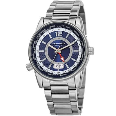 Akribos XXIV Men's GMT Date World Timer Silver-Tone Bracelet Watch