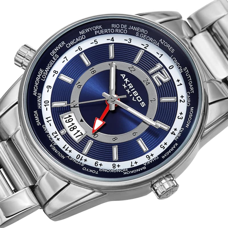 Akribos XXIV Men's GMT Date World Timer Silver-Tone Bracelet Watch