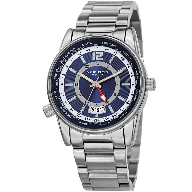 Akribos XXIV Men's GMT Date World Timer Silver-Tone Bracelet Watch