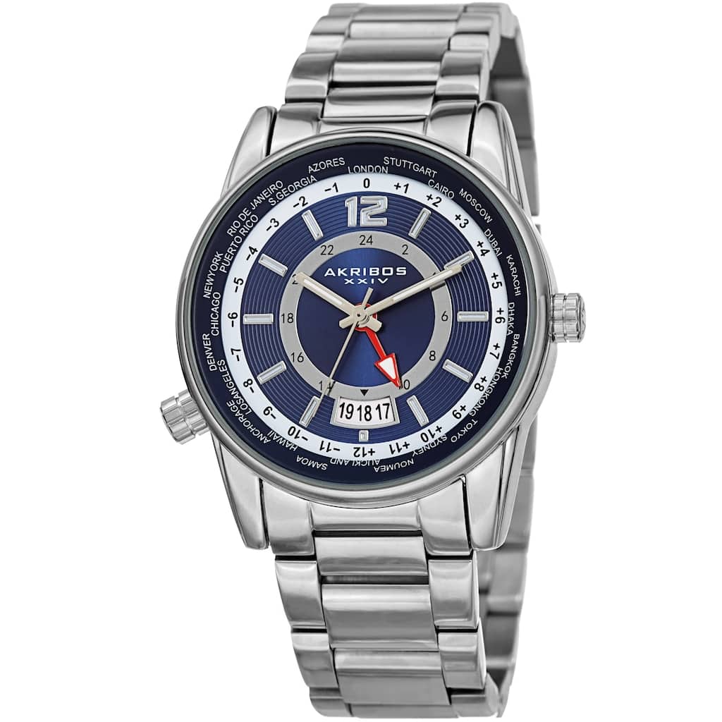 Akribos XXIV Men's GMT Date World Timer Silver-Tone Bracelet Watch